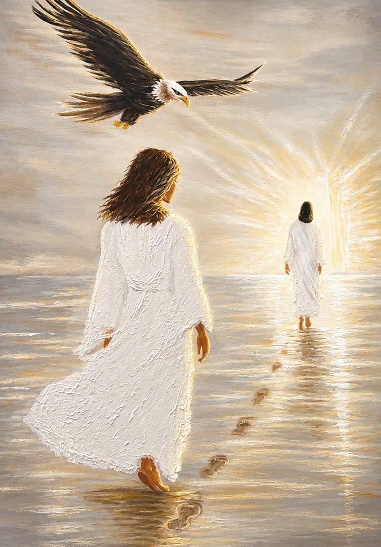Finished commissioned painting of a figure in a white robe walking across water toward a radiant light, with an eagle soaring above