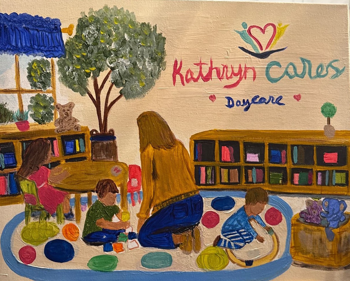 Commissioned painting of the Kathryn Cares Daycare playroom with a teacher kneeling among children on a polka-dot rug, bookshelves and a tree behind them